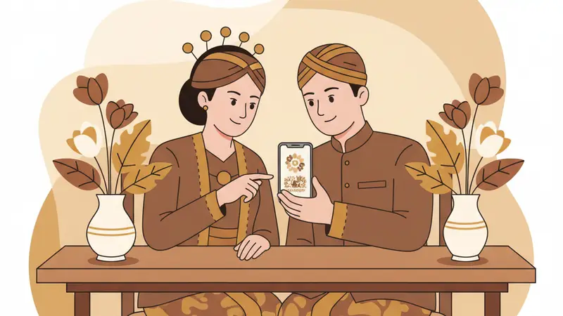 Ilustrasi pasangan sedang melihat undangan digital di ponsel
