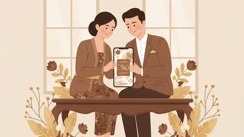 Ilustrasi pasangan pengantin sedang melihat price list undangan digital di laptop
