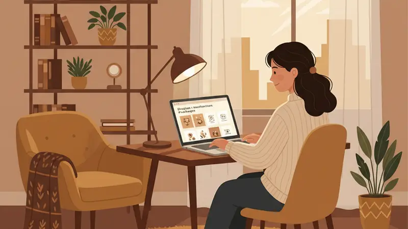 Ilustrasi pasangan sedang memilih template undangan digital di komputer