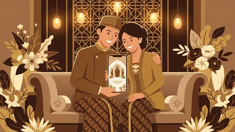 Pasangan pengantin sedang melihat surat undangan online di tablet