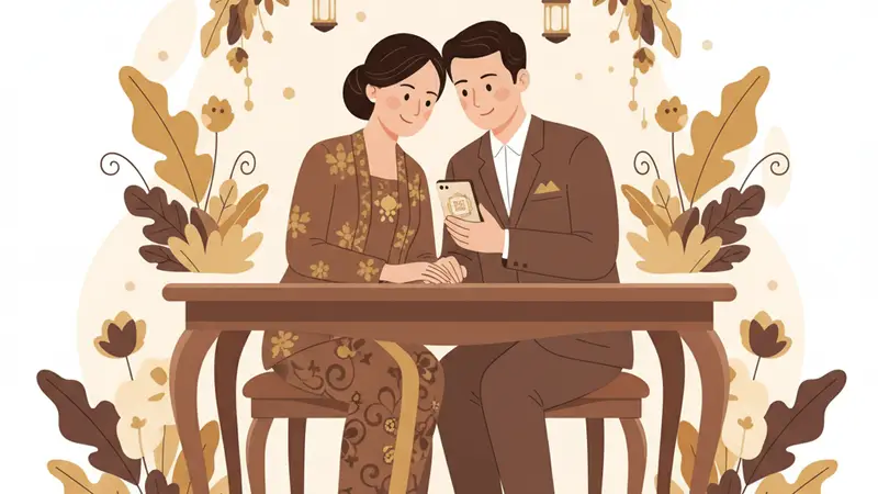 Ilustrasi pasangan sedang mendesain undangan digital di laptop menggunakan template Canva