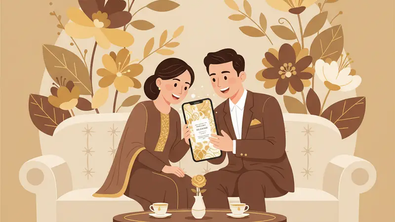 Ilustrasi pasangan sedang melihat template undangan digital gratis di laptop