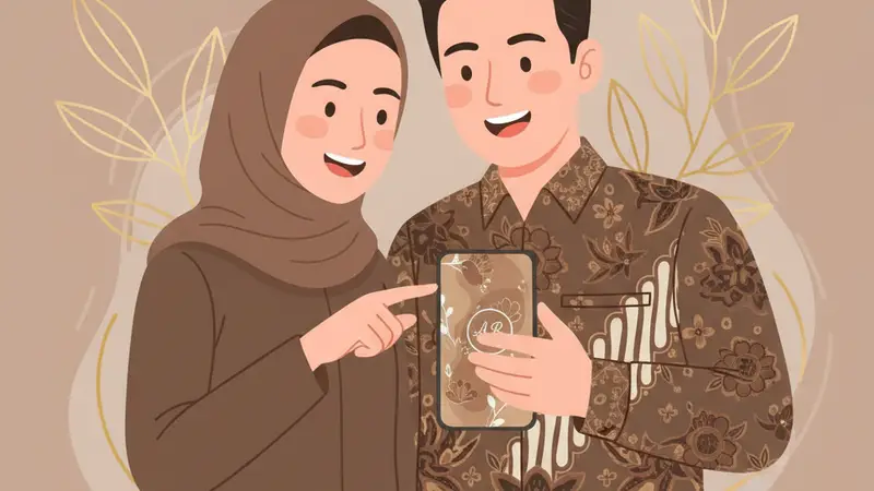 Pengantin muda sedang melihat undangan digital mewah di ponsel, membandingkan dengan template undangan digital gratis