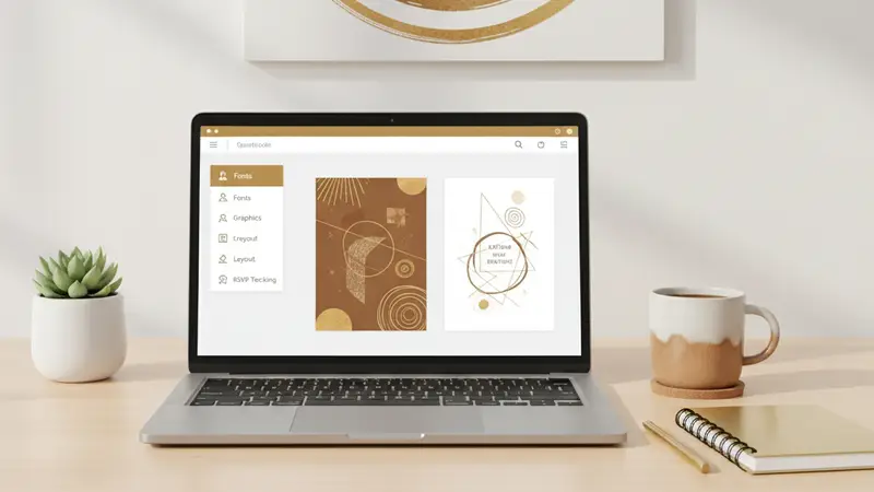 Wanita sedang memeriksa desain undangan online di tablet