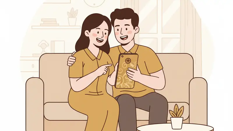 Pasangan sedang melihat undangan digital berbayar yang elegan