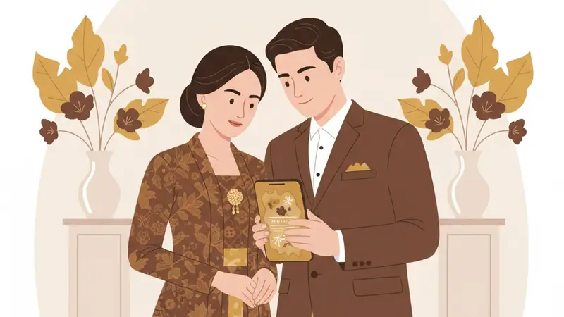 Pasangan memilih template undangan pernikahan digital yang elegan