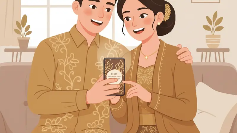 Pengantin memilih desain undangan digital di laptop