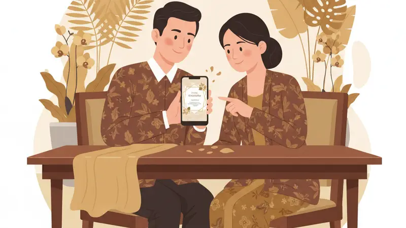 Pasangan sedang melihat template undangan pernikahan digital gratis di laptop