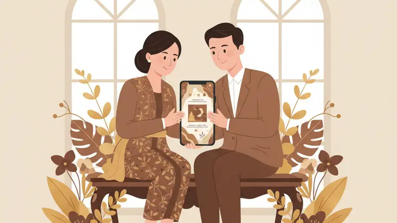 Ilustrasi pasangan sedang melihat template undangan pernikahan digital gratis di laptop
