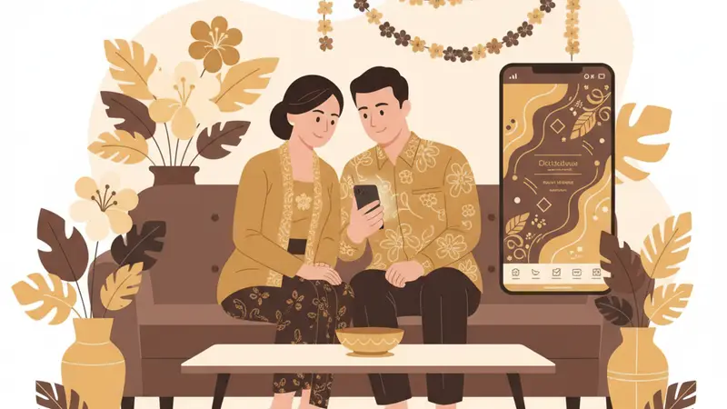 Pasangan berbahagia melihat template undangan pernikahan digital gratis