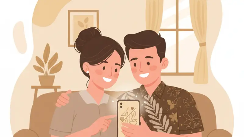 Pengantin baru sedang melihat fitur-fitur undangan digital berbayar yang canggih
