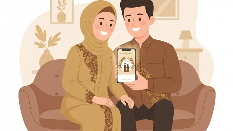 Pengantin wanita sedang membandingkan dua desain undangan digital, satu gratis dan satu premium