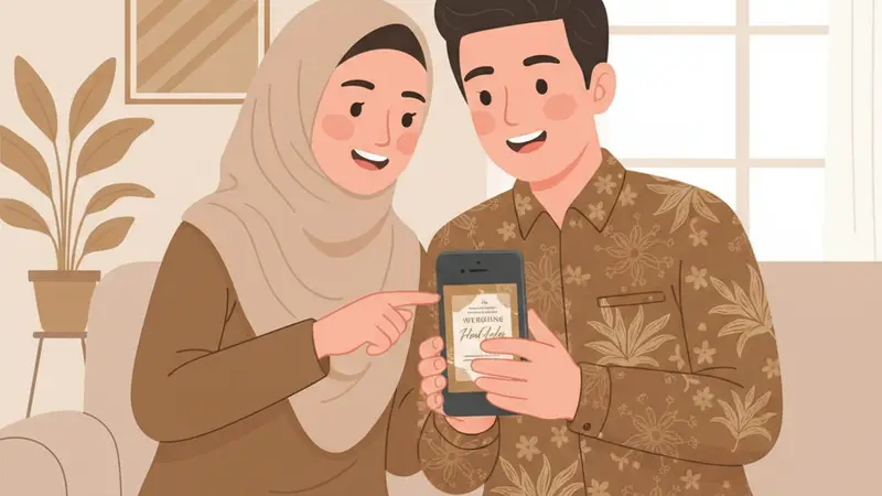 Pengantin meninjau fitur-fitur undangan digital yang lengkap