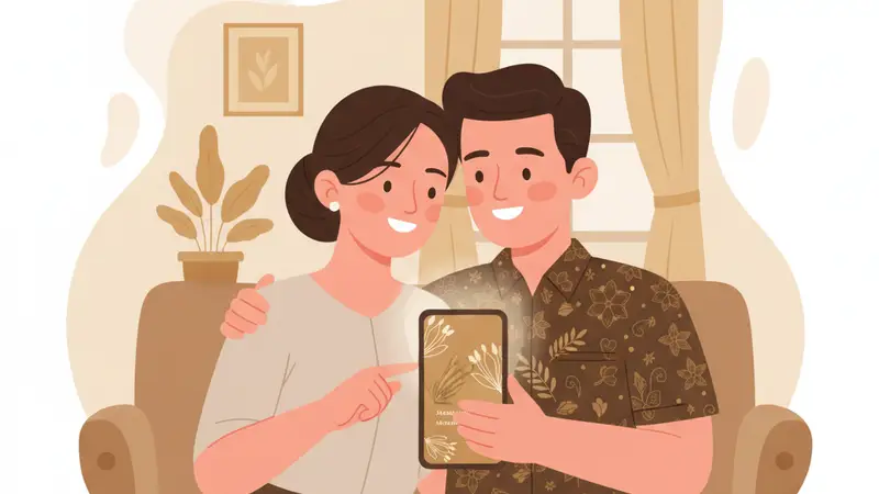 Pengantin sedang melihat pilihan template undangan pernikahan online di laptop
