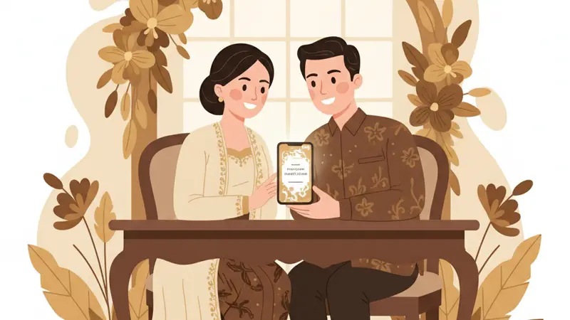 Pasangan memilih template undangan pernikahan web di laptop