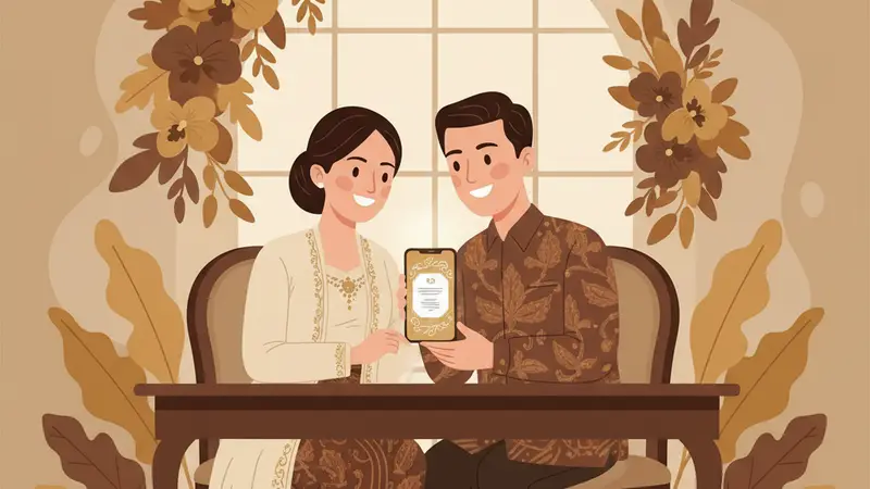 Ilustrasi pasangan memilih template website undangan pernikahan di laptop