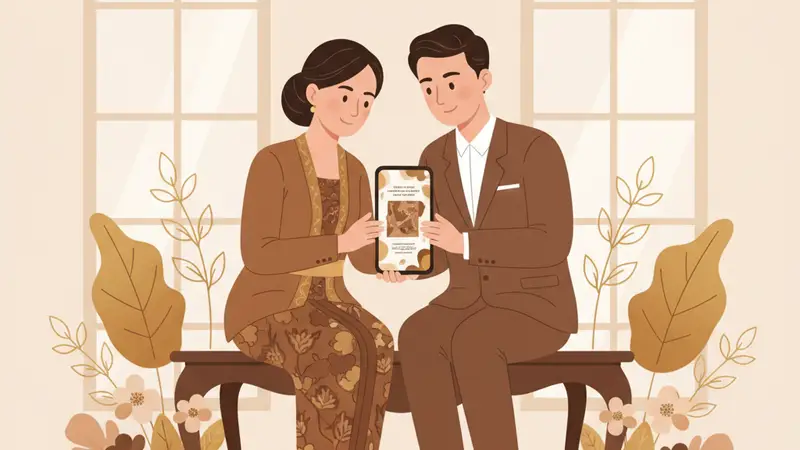 Pasangan memilih desain undangan digital pernikahan dengan laptop