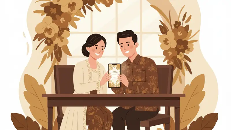 Tren undangan digital 2026 dengan pasangan sedang melihat undangan digital di tablet