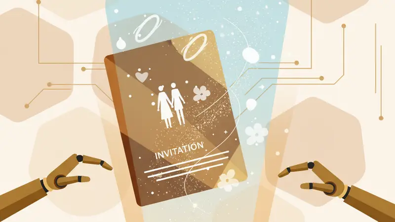 Pengantin wanita melihat undangan digital di ponselnya dengan senyum