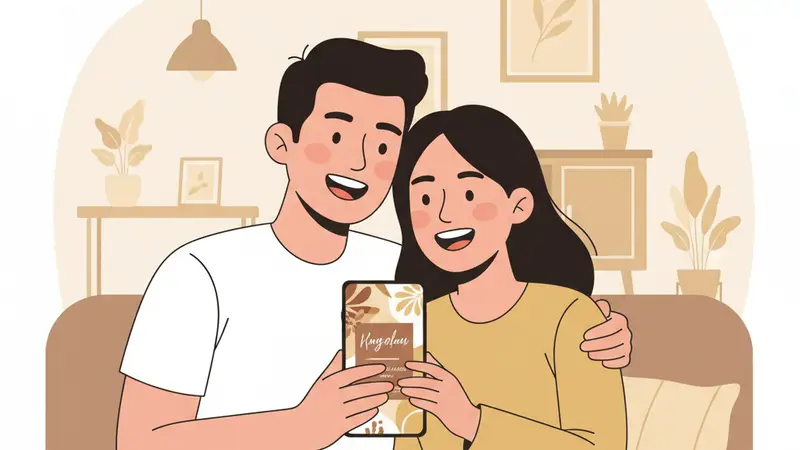 Pengantin melihat undangan digital di smartphone