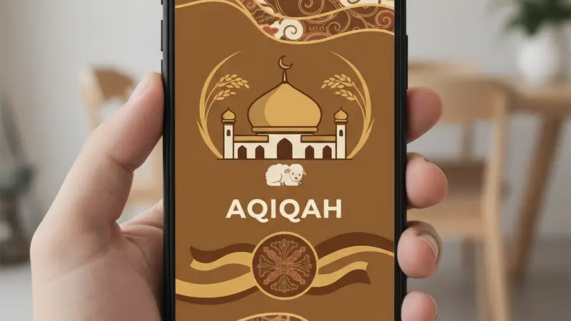 Tangan memegang smartphone menampilkan undangan aqiqah online dengan fitur interaktif