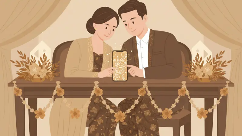 Pasangan pengantin melihat undangan digital di tablet