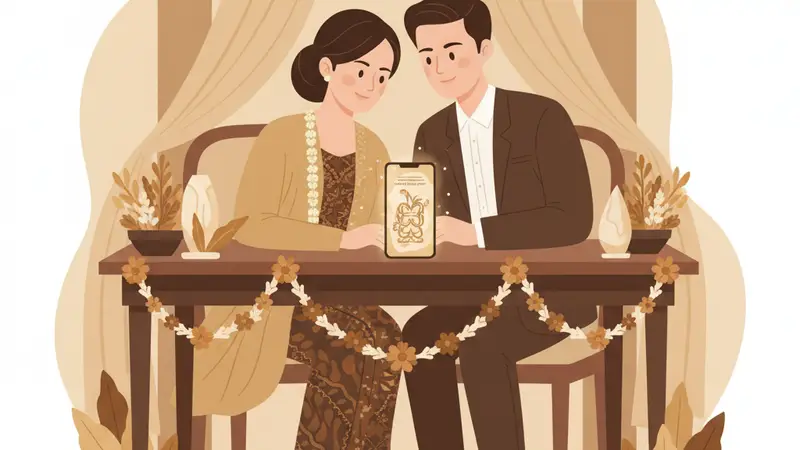 Ilustrasi pasangan duduk sambil melihat desain undangan pada perangkat genggam