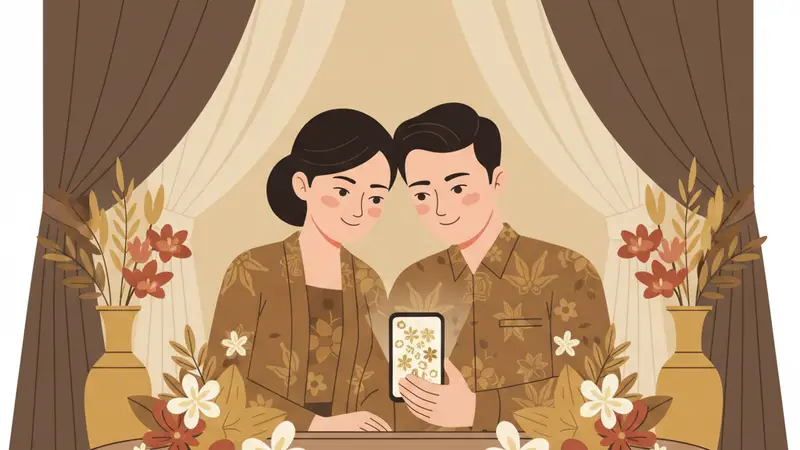 Ilustrasi pasangan sedang melihat undangan digital di ponsel