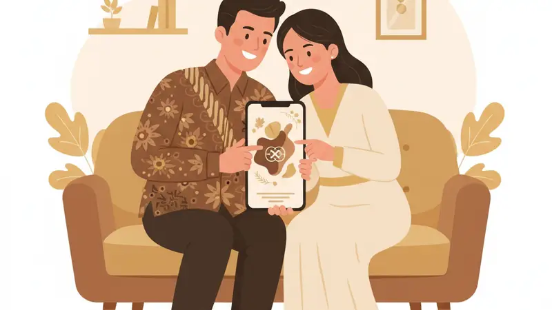 Ilustrasi pasangan duduk di sofa sambil memegang perangkat dengan desain undangan