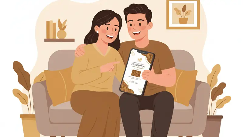 Pengantin baru sedang melihat undangan digital mereka di tablet