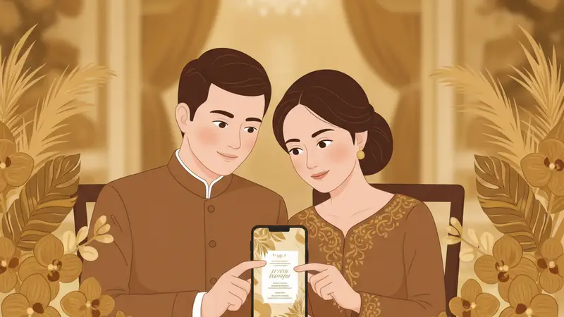 Ilustrasi pasangan menggunakan undangan digital di smartphone