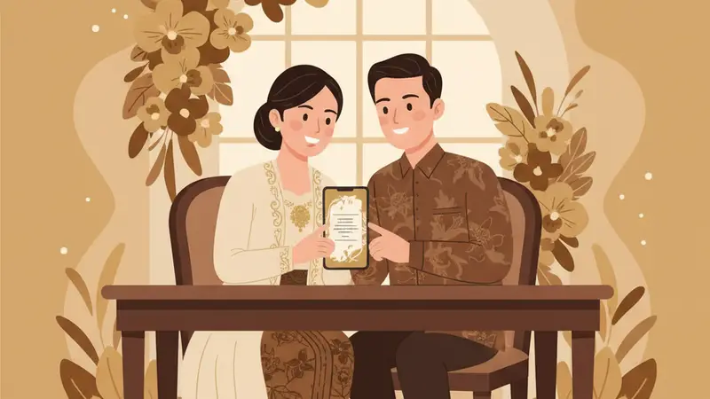 Pasangan pengantin melihat undangan digital di tablet