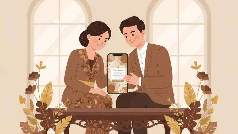 Pasangan melihat undangan digital di tablet