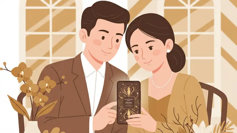 Ilustrasi pasangan pengantin melihat undangan digital di tablet