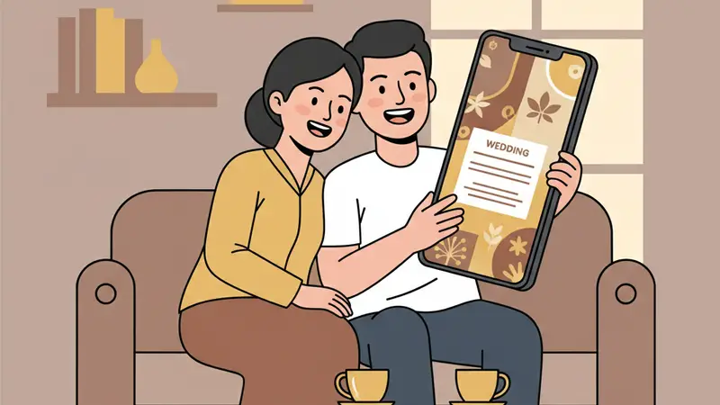Pengantin wanita melihat desain undangan digital yang sudah jadi