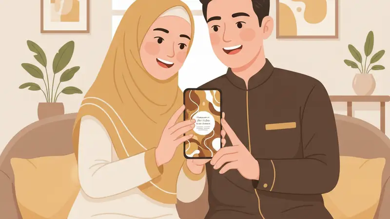 Pengantin wanita melihat proses pembuatan undangan digital di laptop
