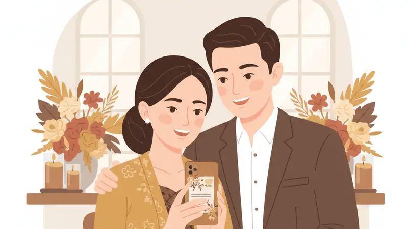 Pasangan pengantin melihat undangan digital di tablet