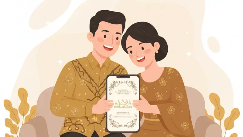 Pasangan sedang memilih desain undangan digital di laptop