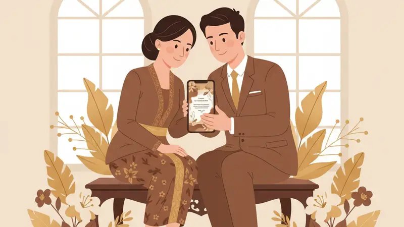 Ilustrasi dua orang dewasa duduk sambil memegang ponsel dengan desain undangan