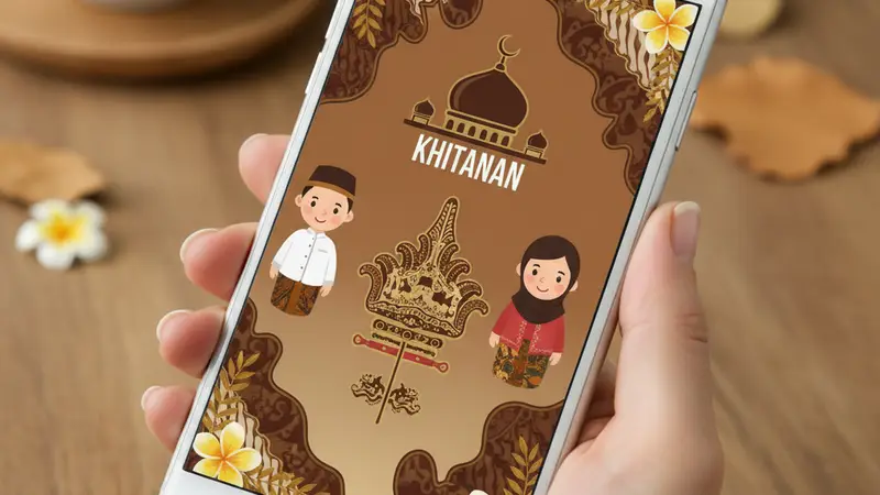 Tangan memegang ponsel yang menampilkan desain undangan bertuliskan Khitanan