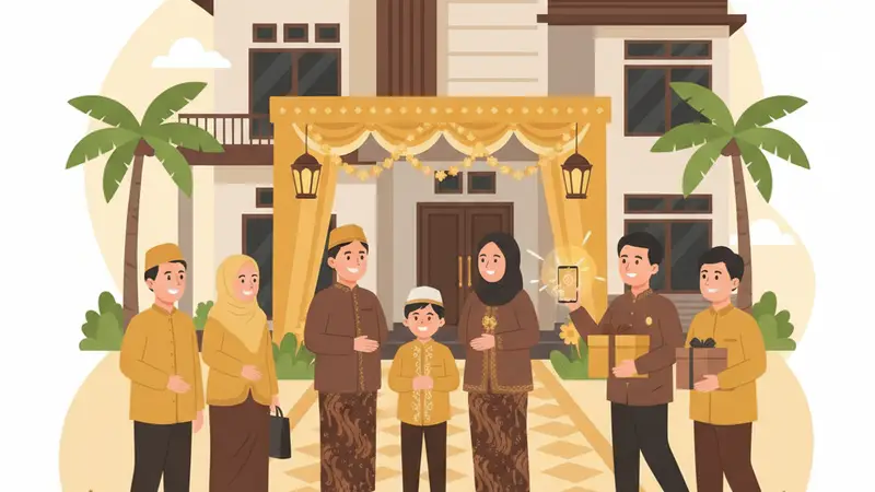 Ilustrasi keluarga berkumpul di depan rumah dengan dekorasi berwarna kuning