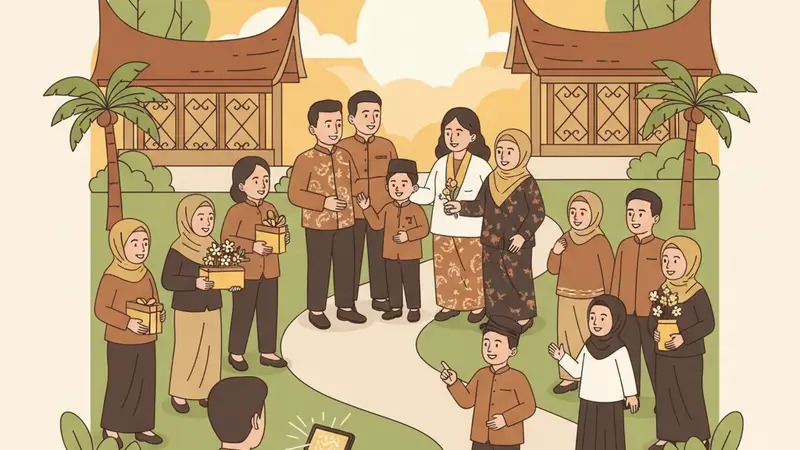Ilustrasi sejumlah orang berkumpul di depan rumah adat bernuansa cokelat dan hijau