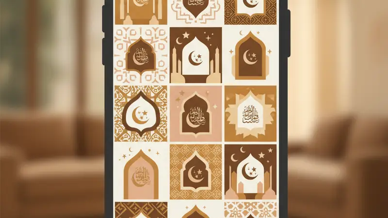 Ponsel menampilkan susunan ornamen Islami bernuansa cokelat dan emas