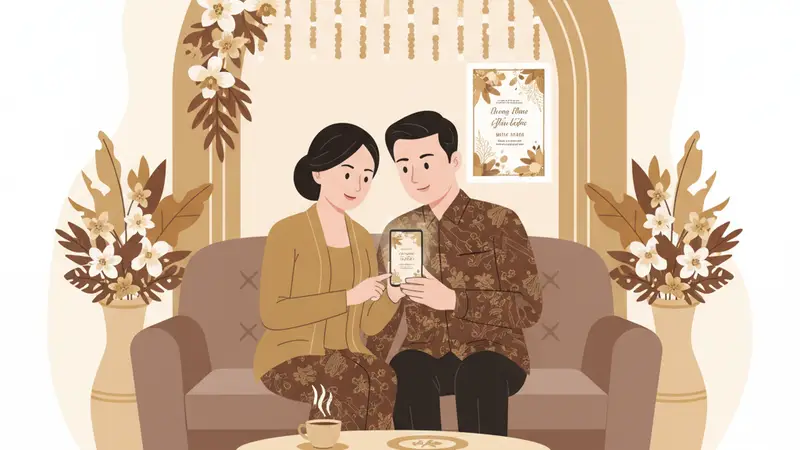 Pasangan pengantin di Makassar sedang melihat undangan digital Sannubari di tablet