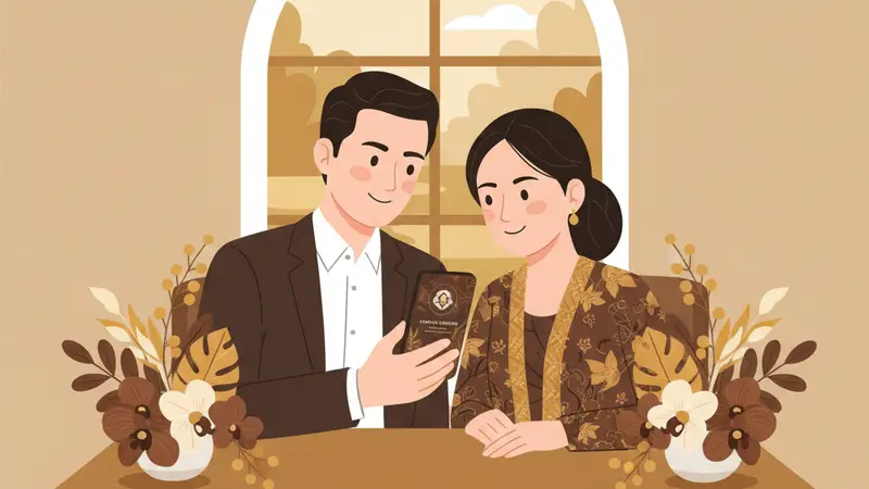 Ilustrasi pasangan sedang melihat undangan digital di laptop