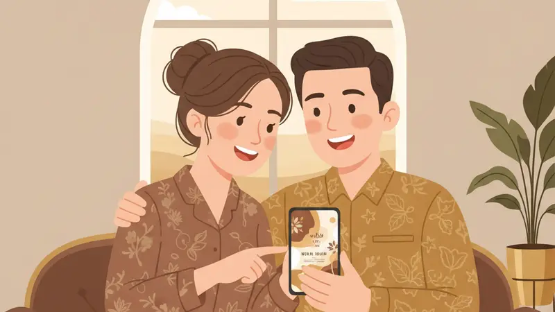 Pasangan pengantin sedang berdiskusi tentang undangan digital mereka