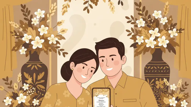Pasangan pengantin melihat contoh undangan digital online murah di tablet