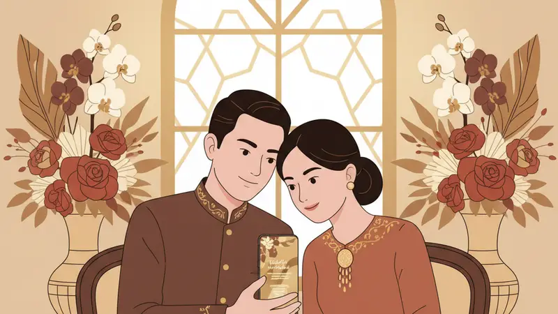 Ilustrasi pasangan sedang melihat undangan digital pernikahan gratis di laptop
