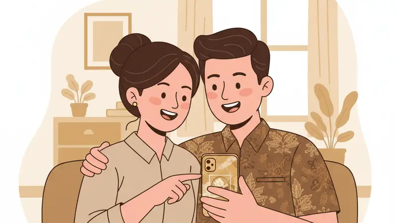 Pasangan pengantin sedang melihat undangan digital pernikahan gratis di ponsel mereka dengan senyum bahagia