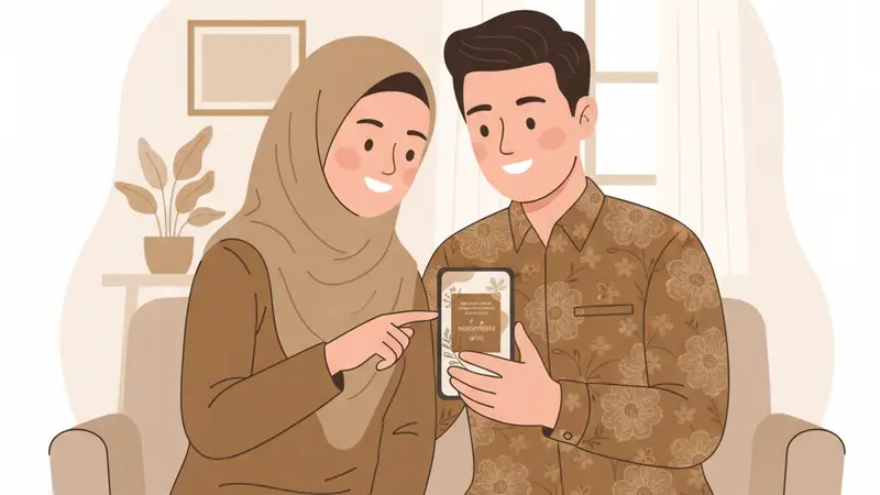 Pengantin dengan busana adat Jawa sedang melihat undangan digital
